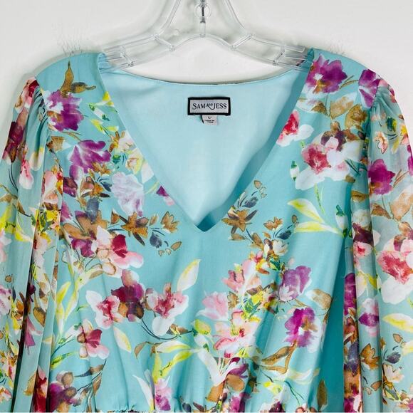 Sam & Jess blue pink floral boho chiffon blouse large - Picture 2 of 9